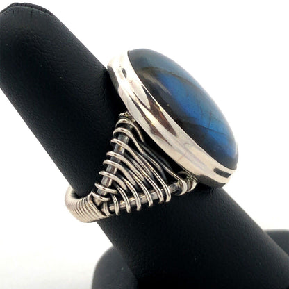 Designer YS India 925 Sterling Silver Oval Labradorite Wire Wrap Statement Ring