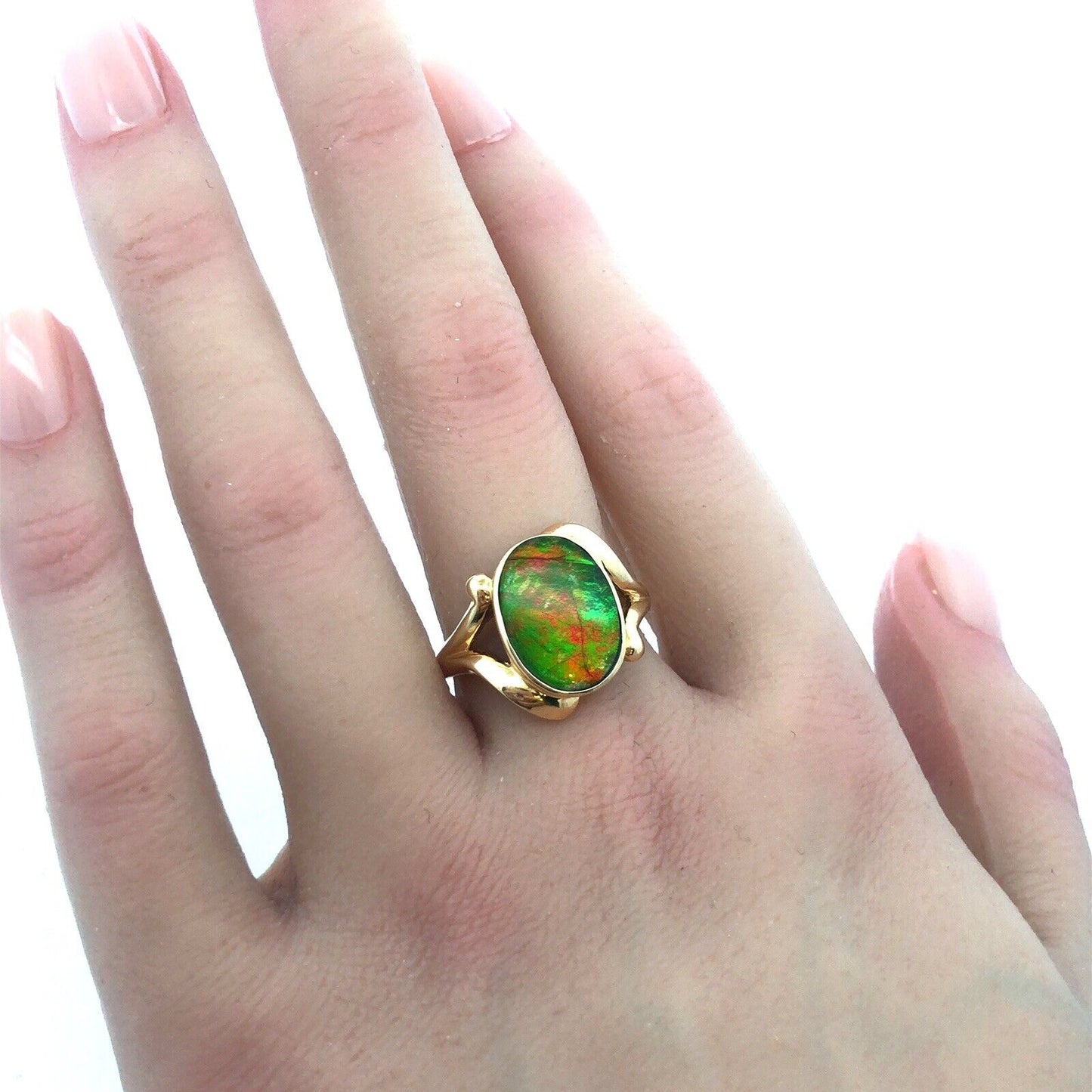Modernist 14K Yellow Gold Orange Green Opal Oval Doublet Cocktail Ring