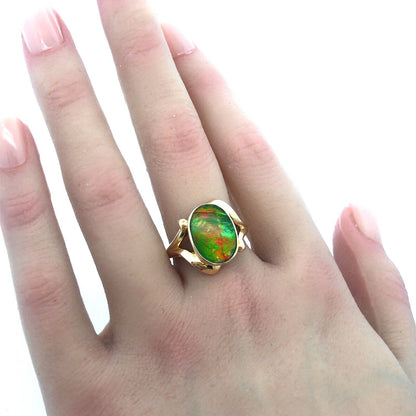 Modernist 14K Yellow Gold Orange Green Opal Oval Doublet Cocktail Ring