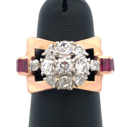 Unusual 14K Rose Gold Diamond Floral Cluster Ruby Baguette Accent Cocktail Ring