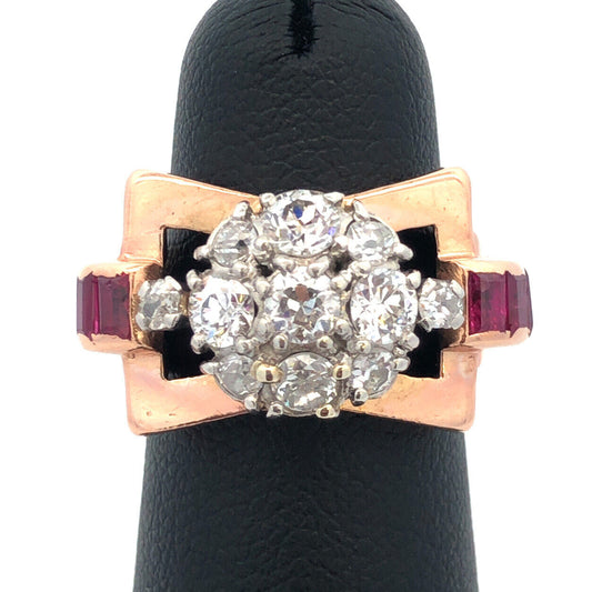 Unusual 14K Rose Gold Diamond Floral Cluster Ruby Baguette Accent Cocktail Ring