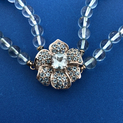 Gorgeous 14k White Gold Blue Topaz Poppy Flower Statement 18.5" Bead Necklace