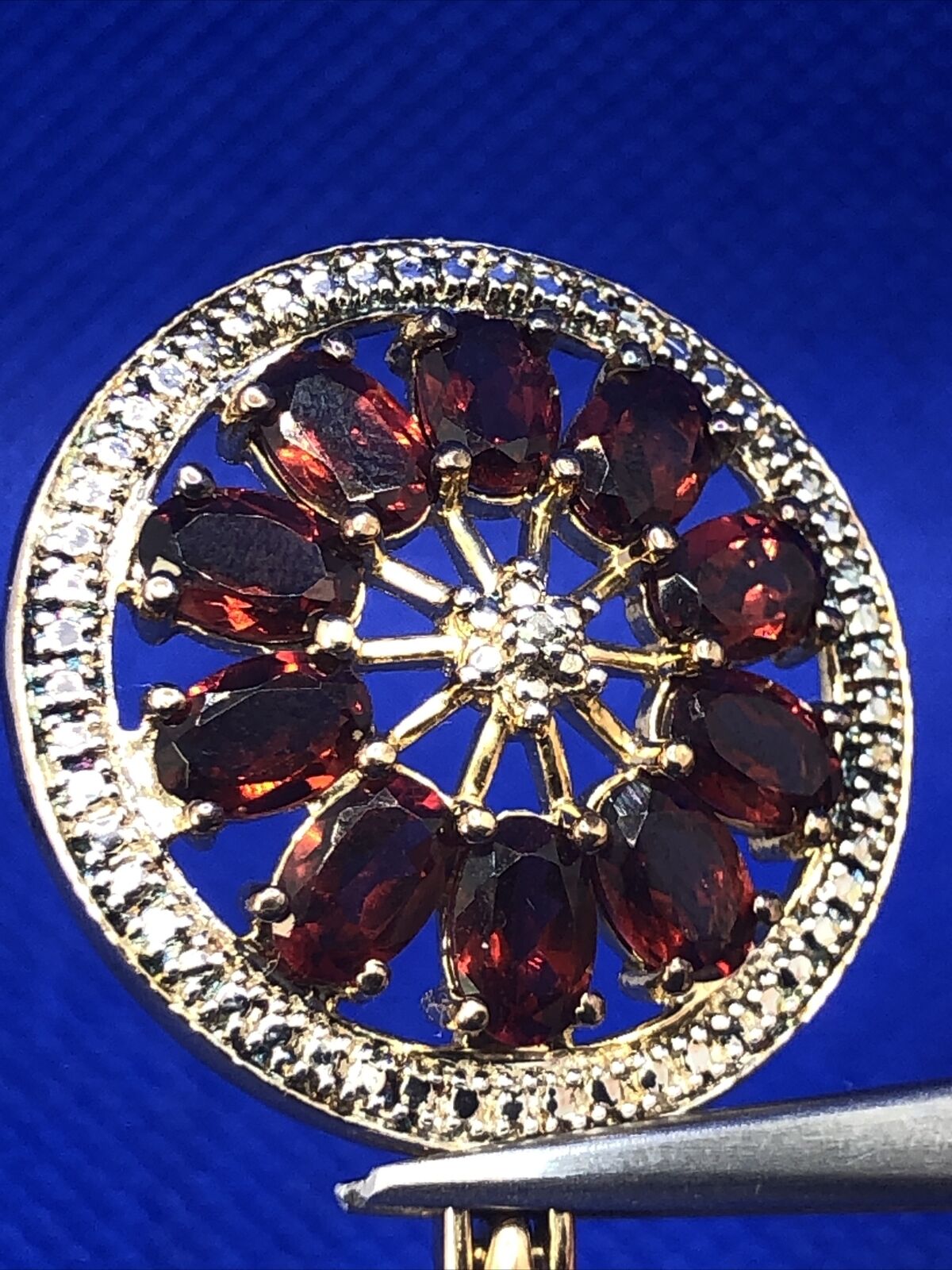 Designer Vermeil 925 Sterling Silver Oval Garnets Diamond Accent Round Pendant