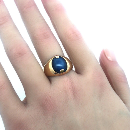 Gorgeous 10k Yellow Gold Oval Cabochon Blue Star Sapphire Dome Ring Size 9.25