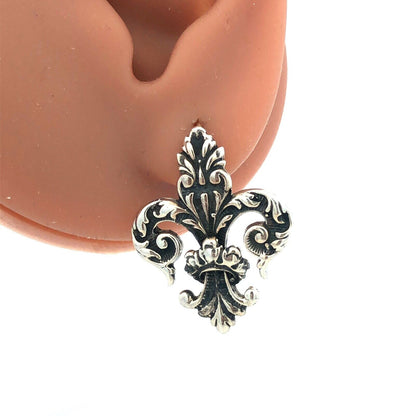 Vintage 925 Sterling Silver Scroll Filigree Textured Fleur De Lis Hook Earrings