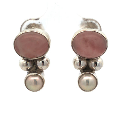 Vintage 925 Sterling Silver Oval Rose Quartz Pearl Drop Stud Earrings