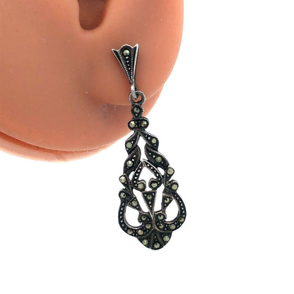 Designer SU 925 Sterling Silver Marcasite Art Deco Style Dangle Stud Earrings