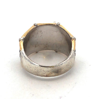 Designer P 925 Sterling Silver 22K Yellow Gold Palm Leaves Bamboo Wide Band Ring