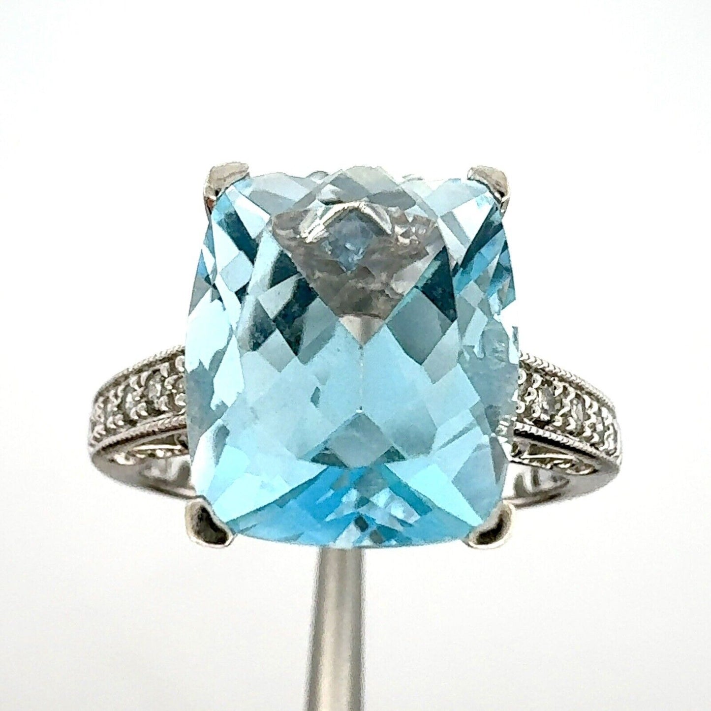 Designer 14K White Gold Radiant Cushion Cut Blue Topaz Diamond Accented Ring