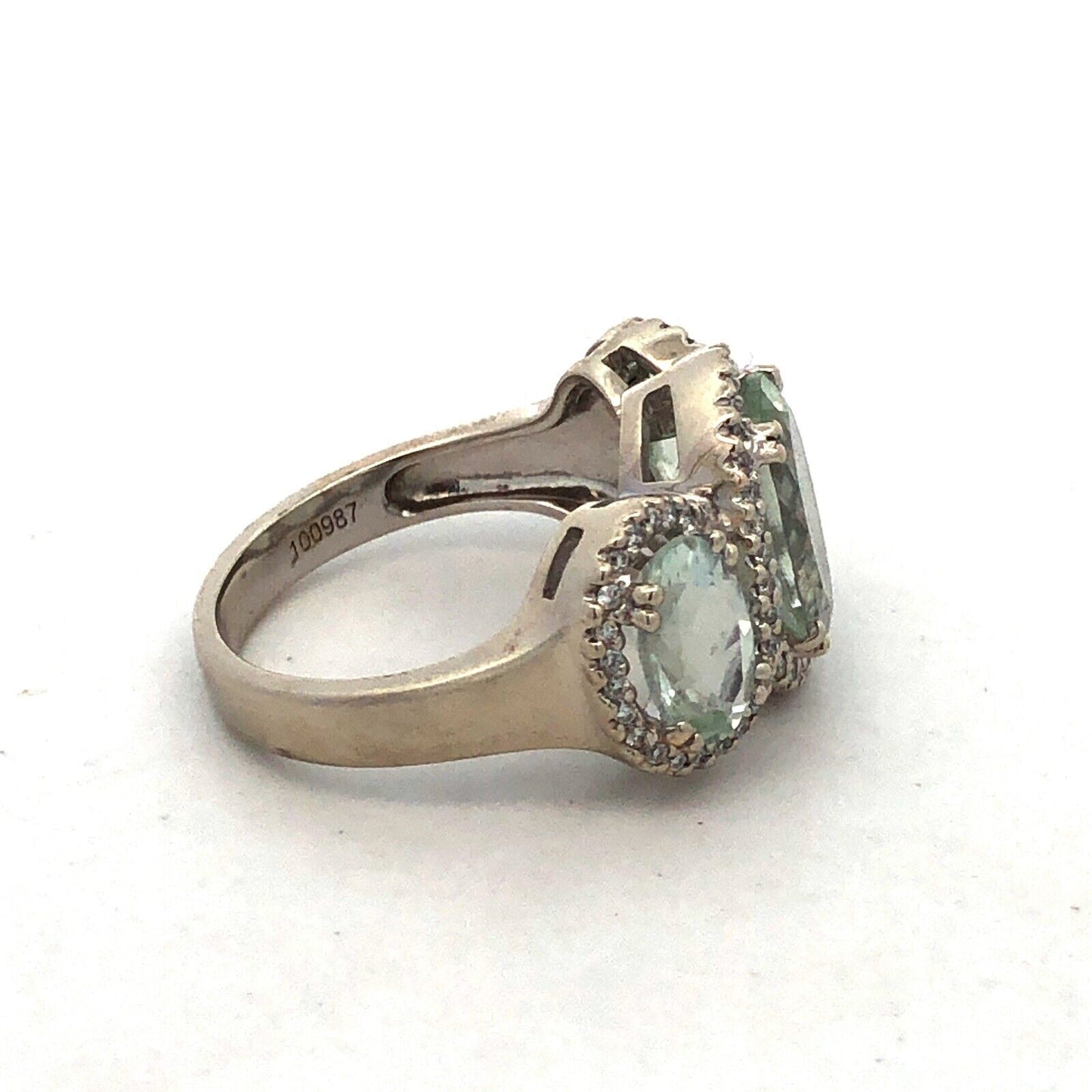Designer SGC 14K White Gold Oval Green Amethyst Trio Diamond Halo Statement Ring