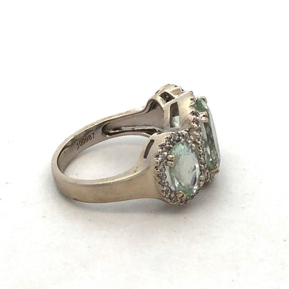Designer SGC 14K White Gold Oval Green Amethyst Trio Diamond Halo Statement Ring
