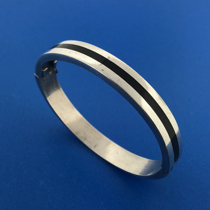 Designer FS 925 Sterling Silver Modern Black Onyx Inlay Hinged Cuff Bracelet