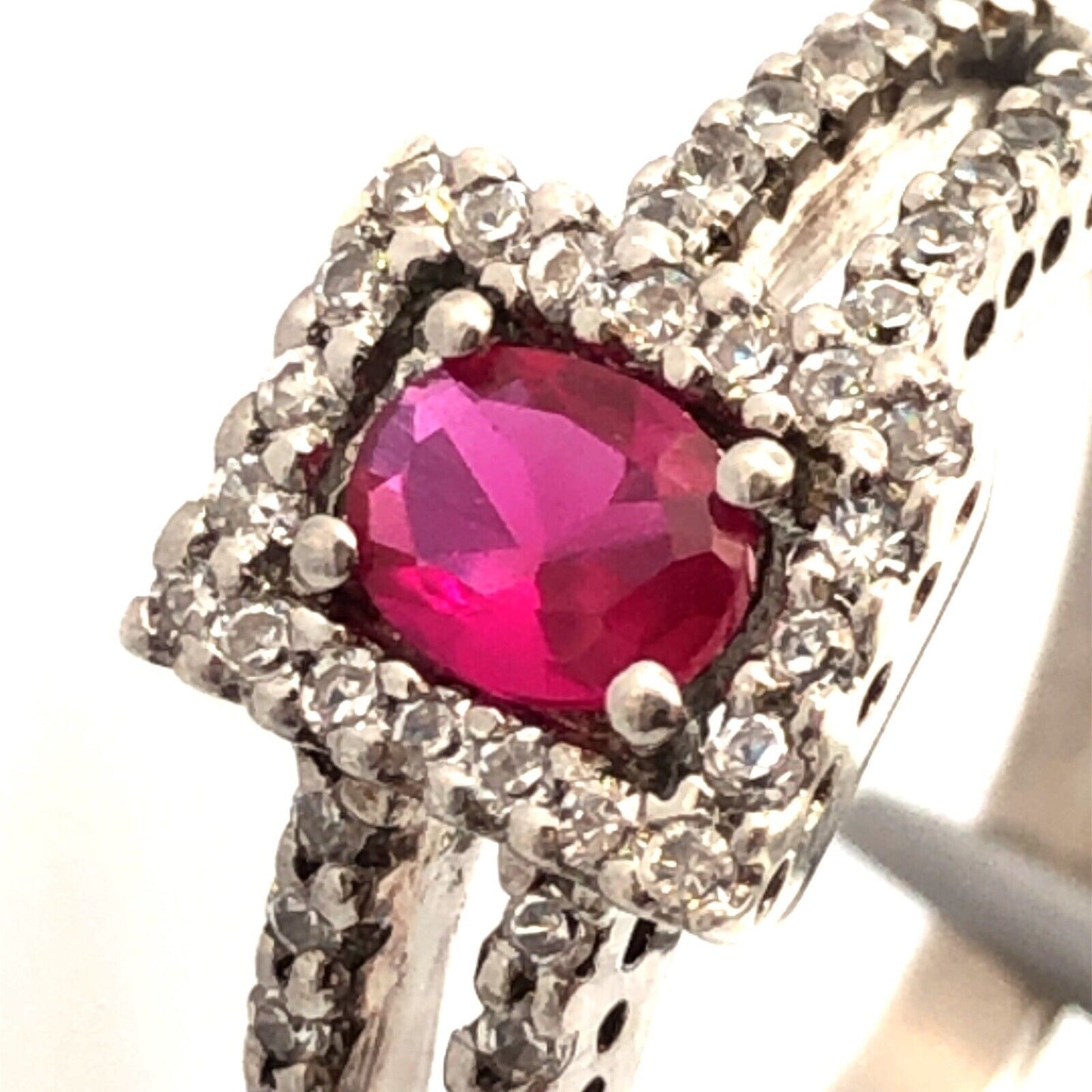 14K White Gold Lab Created Oval Ruby Round Pave Diamond Halo  Ring