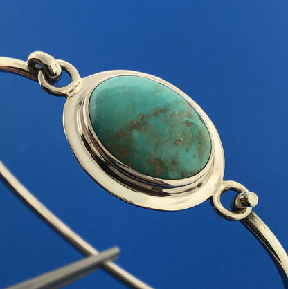 Retro Taxco Mexico 925 Sterling Silver Turquoise Cabochon Hinged Cuff Bracelet