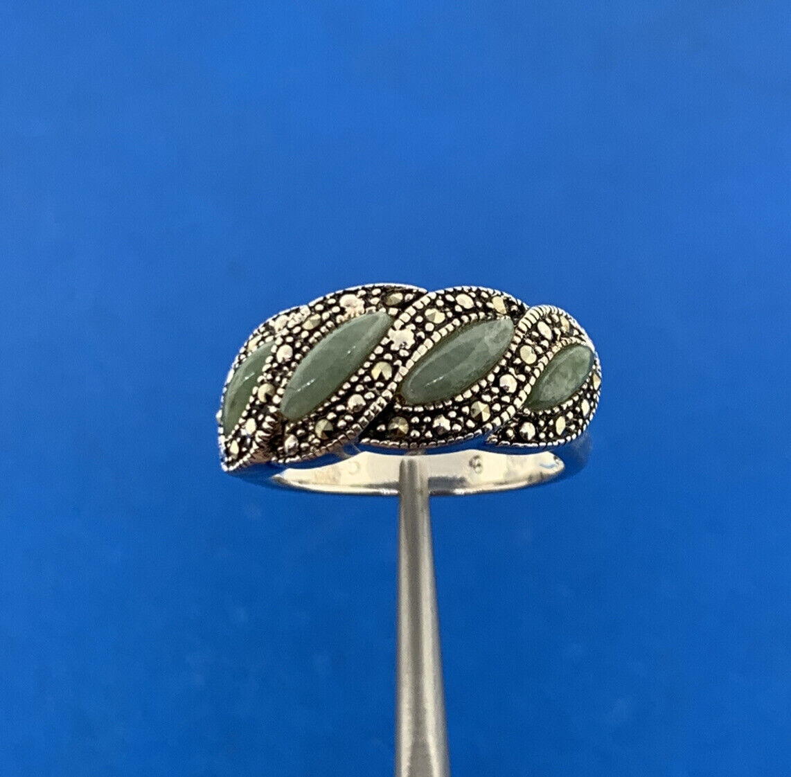 Designer NV 925 Sterling Silver Jade Marcasite Accented Cocktail Ring