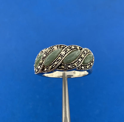 Designer NV 925 Sterling Silver Jade Marcasite Accented Cocktail Ring