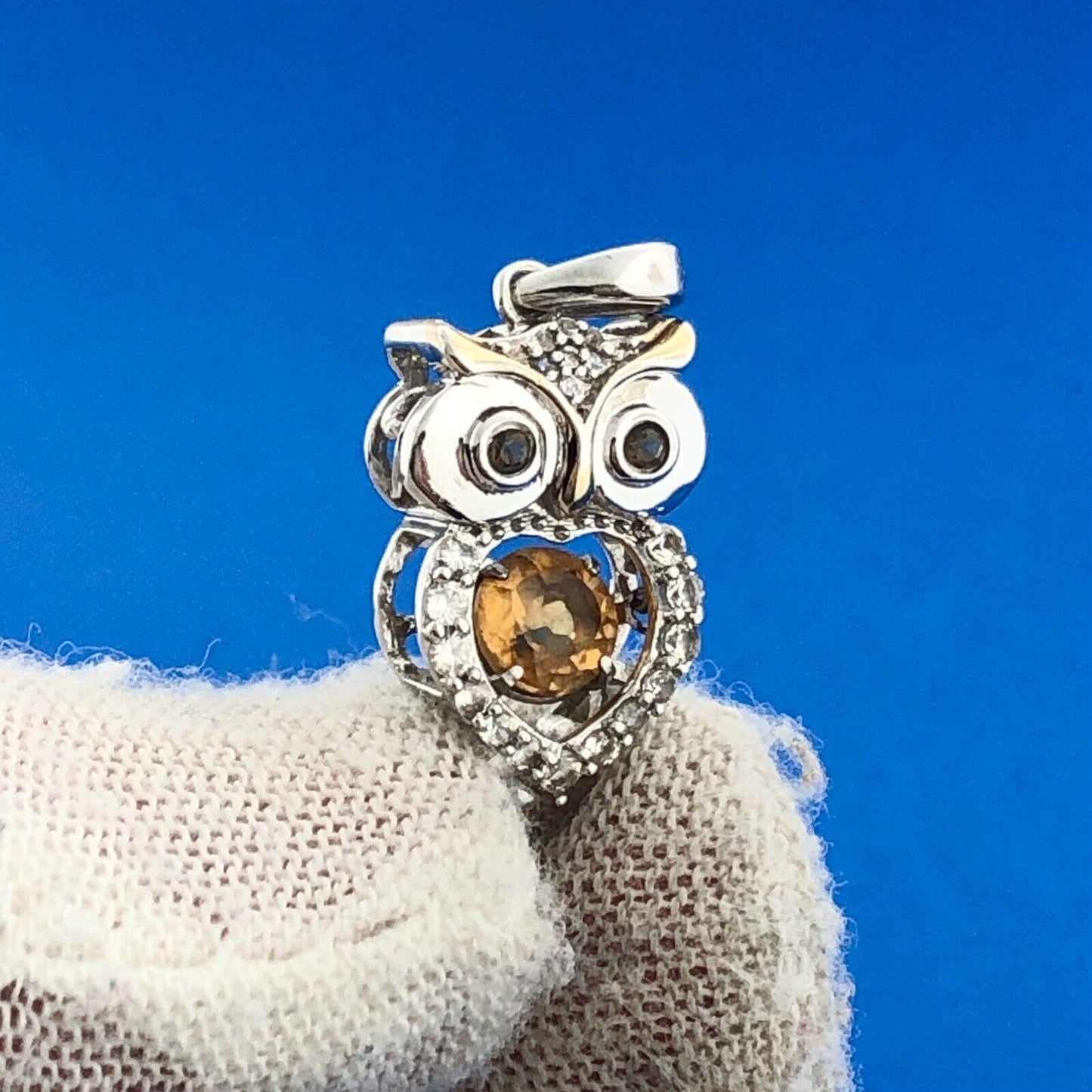 Retro JWBR 925 Sterling Silver 14K GP Citrine Diamond Owl Wisdom Charm Pendant