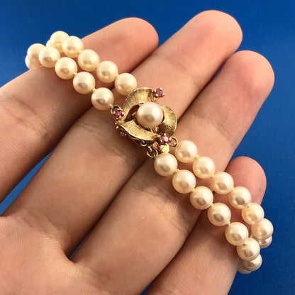 Vintage Elegant 14K Yellow Gold Ruby Pearl Double Strand Bridal Pearl Bracelet