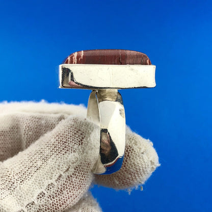 Sterling Silver 925 Banded Red Jasper Rectangular Modernist Statement Ring