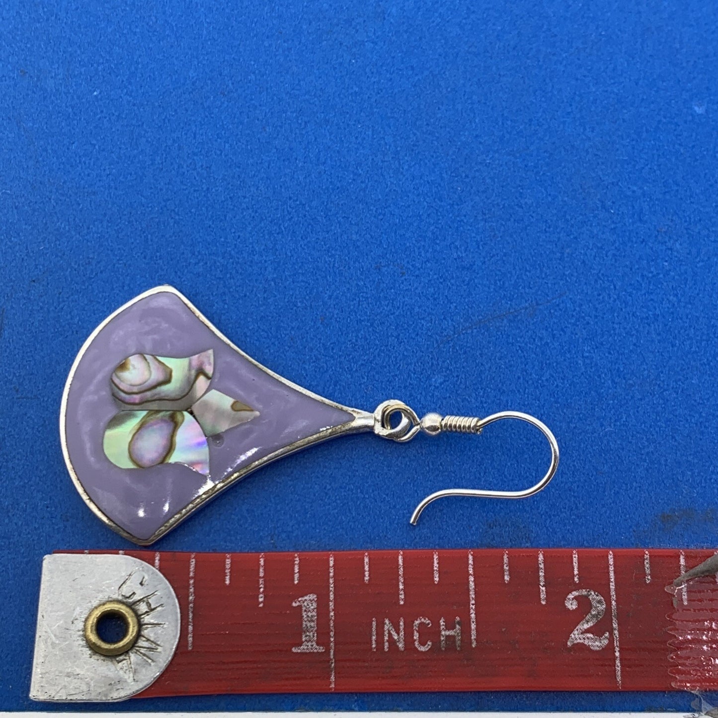Vintage Mexican Alpaca Silver Abalone Purple Enamel Drop Dangle Earrings