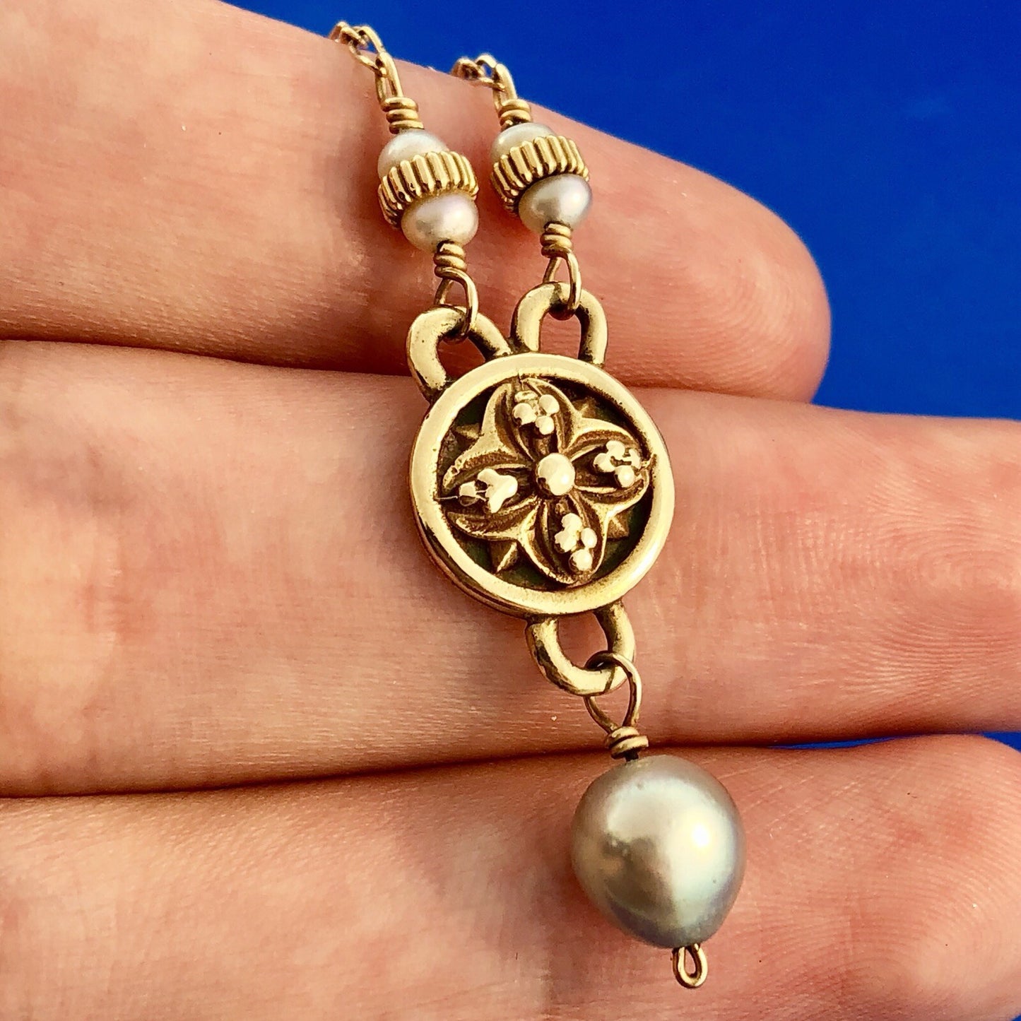 Mignon Faget 14K Yellow Gold Small Medallion Baroque Pearl Drop Toggle Necklace