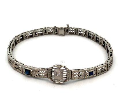 Vintage Art Deco 10K White Gold Diamond Sapphire Filigree Panel Tennis Bracelet