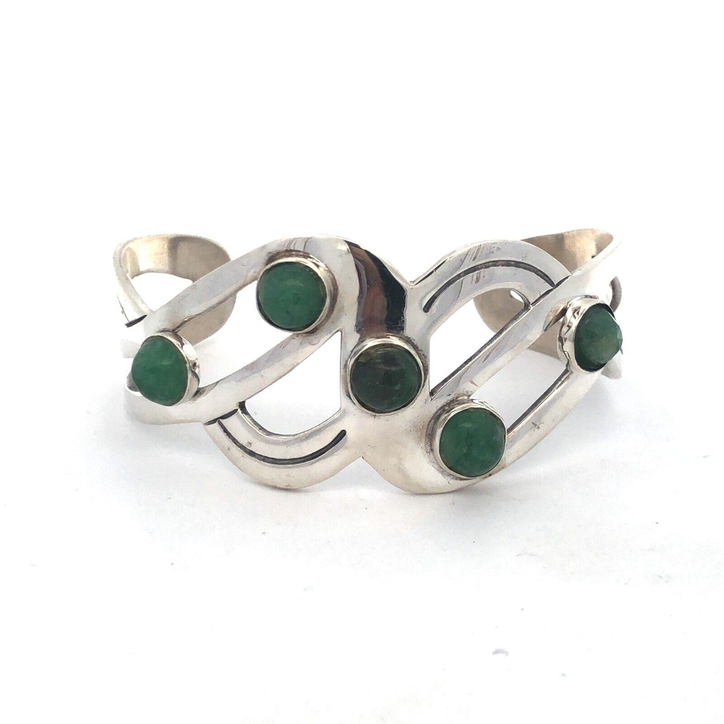 Mid Century Taxco 925 Sterling Silver Modernist Green Tourmaline Cuff Bracelet