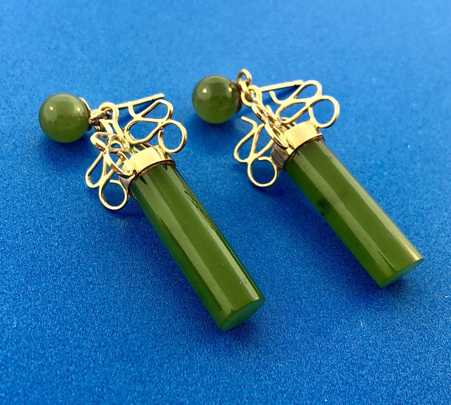 Vintage 14k Yellow Gold Jade Jadeite Modernist Drop Dangle Earrings