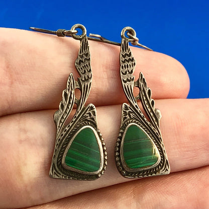 Estate Sterling Silver Malachite Trilliant Feather Wings Motif Dangle Earrings