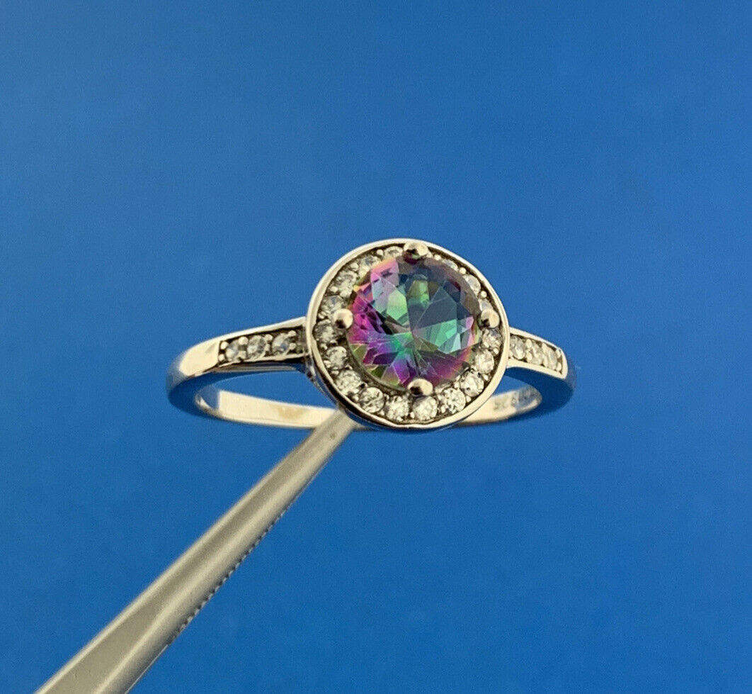 Designer Sterling Silver Mystic Topaz Cubic Zirconia Halo Cocktail Ring