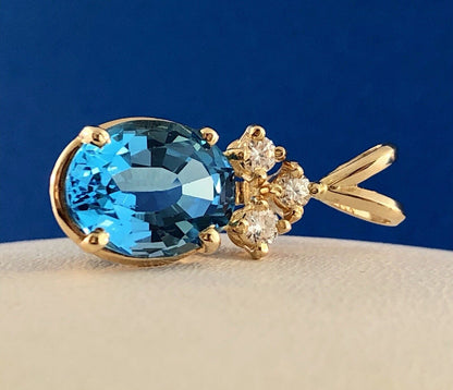 14K Yellow Gold London Blue Topaz Diamond Drop December Anniversary Pendant