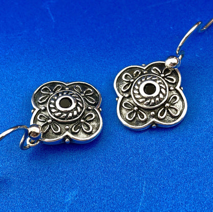 Vintage 925 Sterling Silver Black Onyx Floral Scroll Drop Dangle Earrings