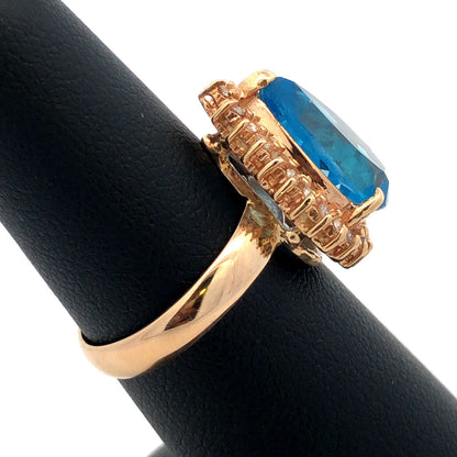10K Yellow Gold Pear Blue Topaz Diamond Halo Statement Cocktail Ring