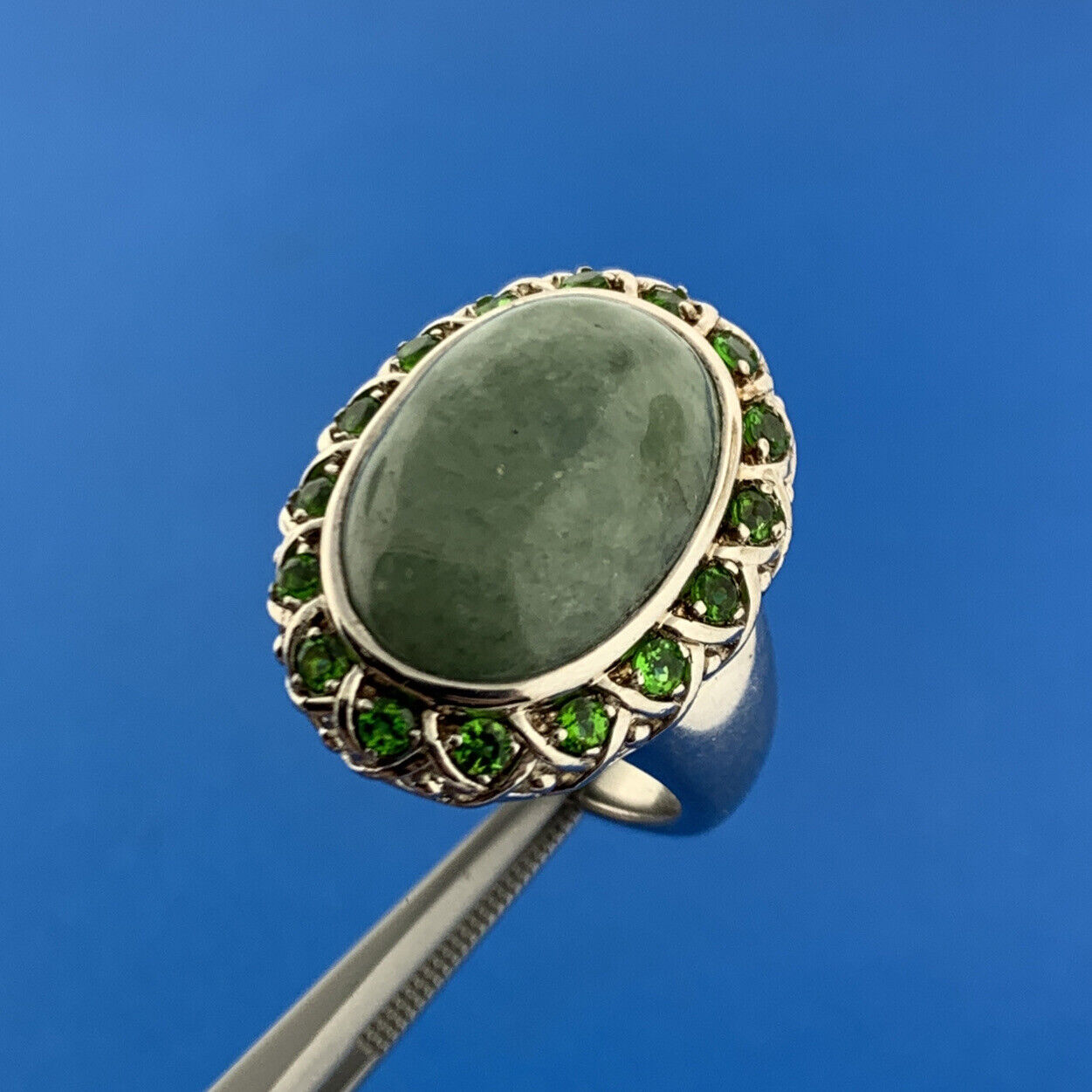 Designer Sterling Silver 925 Jade Green CZ Protection Harmony Statement Ring