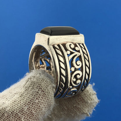 SILPADA Black Onyx Filigree Scroll Sterling Silver Wide Band Statement Ring