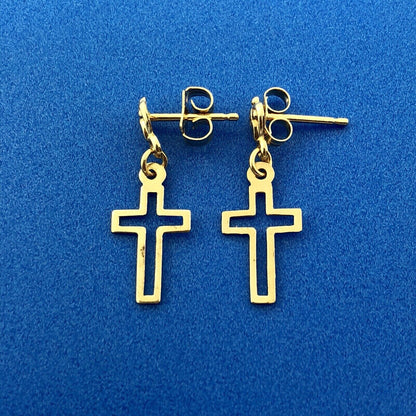 Retro 14K Yellow Gold Cross Cutout Religious Communion Dangle Stud Earrings