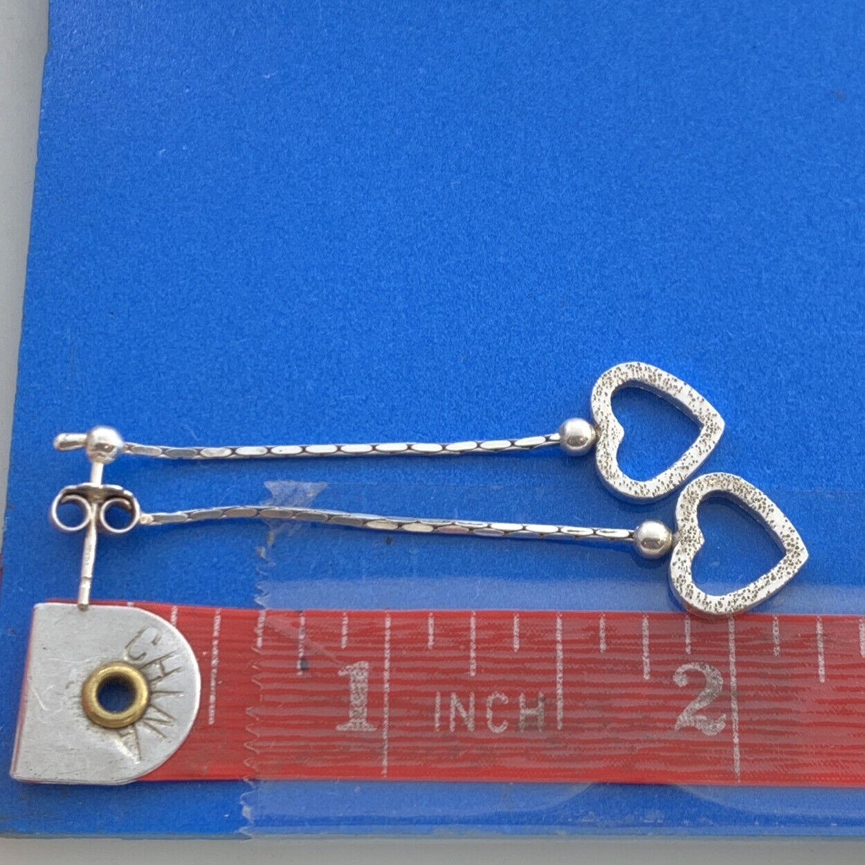 Vintage Italy 925 Sterling Silver Double Heart Drop Dangle Chain Stud Earrings