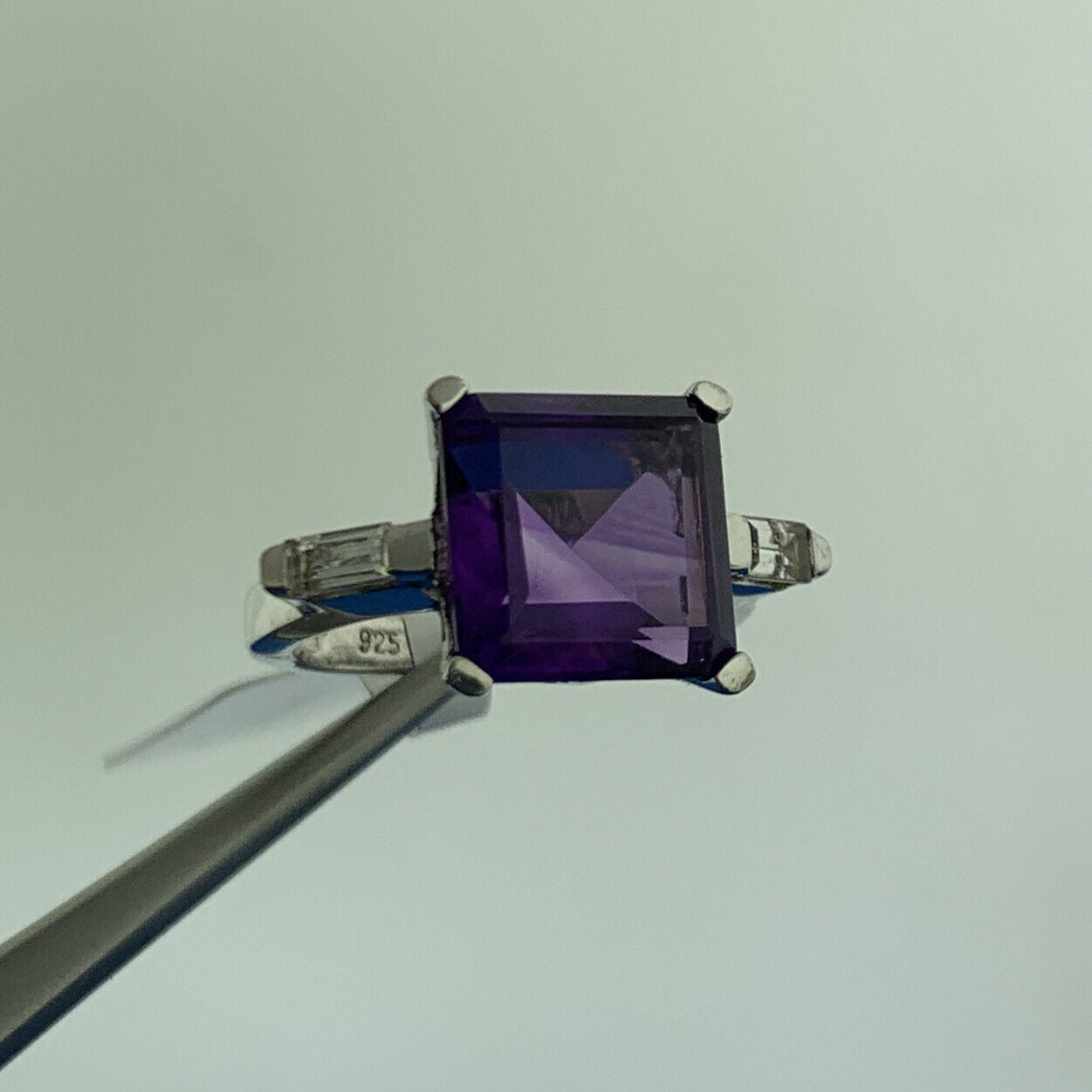 Designer 925 Sterling Silver Square Amethyst Cubic Zirconia Accented Ring NWT