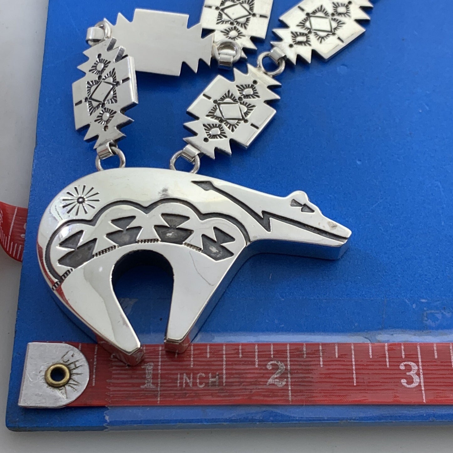 Native American 925 Sterling Silver Concho Bear Statement Storyteller Necklace