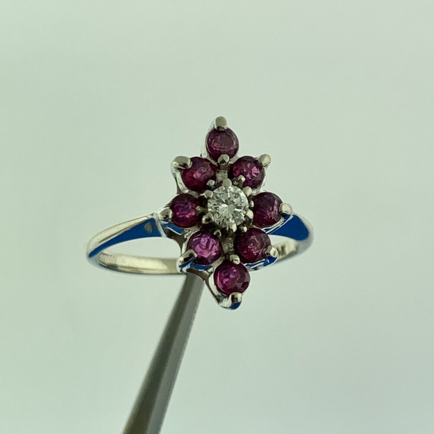 Vintage 14K White Gold Ruby Diamond Round Floral Cluster July Anniversary Ring