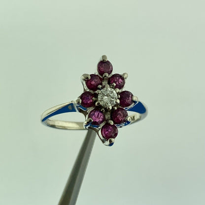 Vintage 14K White Gold Ruby Diamond Round Floral Cluster July Anniversary Ring