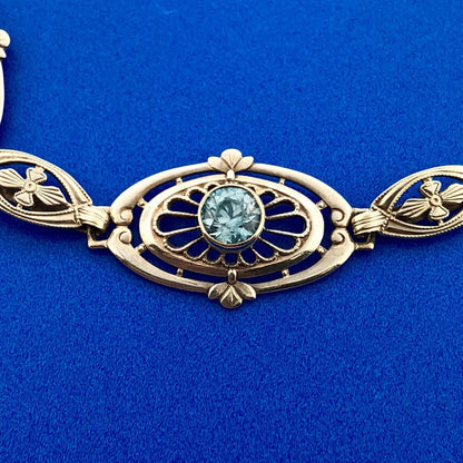 Vintage 10k White Gold Round Cut Blue Topaz Openwork Oval Filigree 7" Bracelet