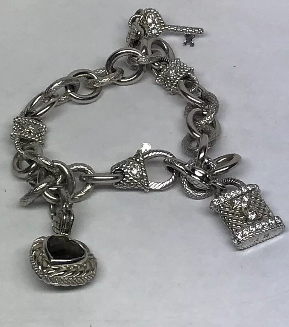 Judith Ripka Sterling Silver 925 Topaz Diamonique CZ Heart Key Lock Bracelet