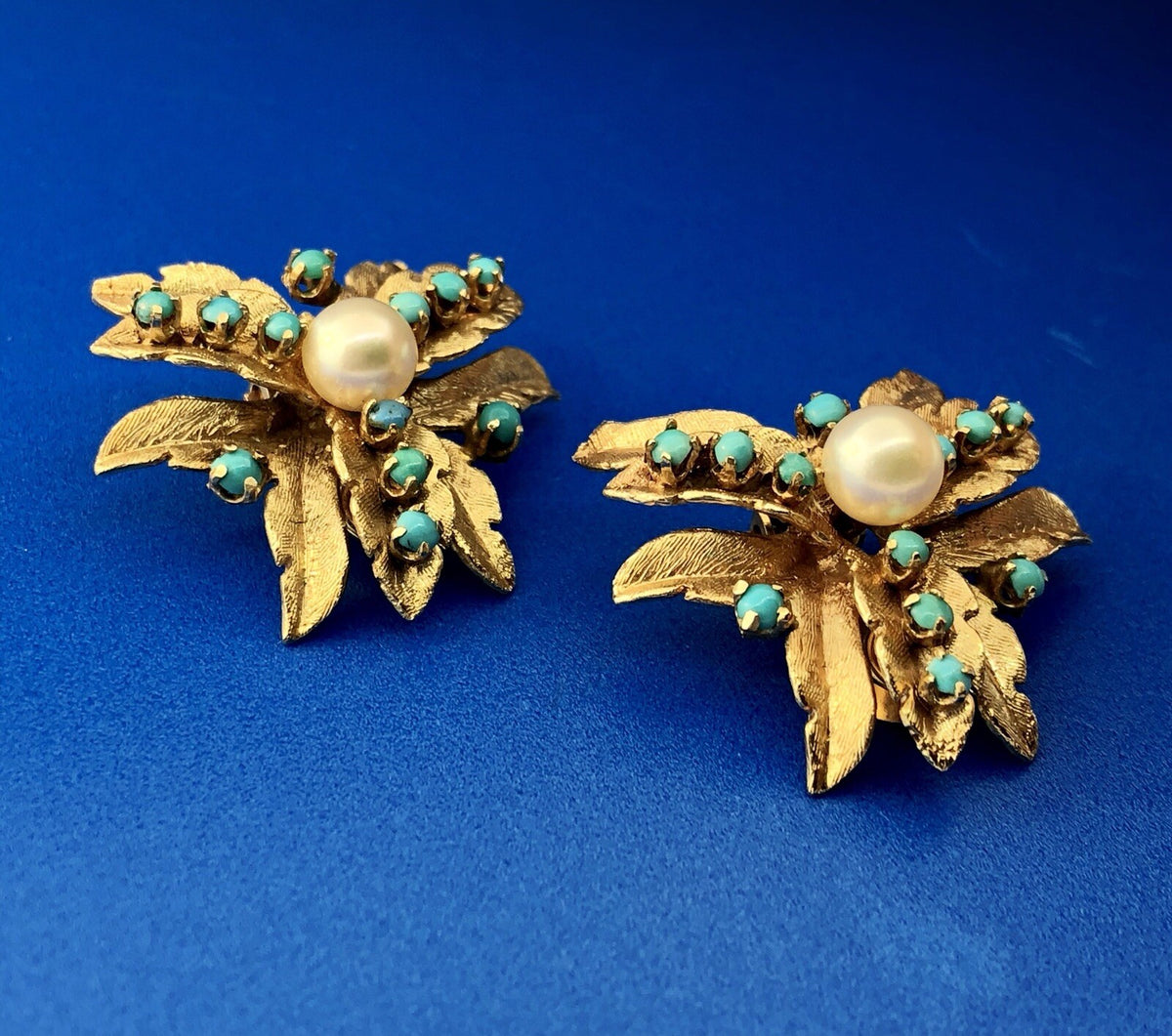 Vintage 14K Yellow Gold Pearl Turquoise Leaf Design Statement Clip Earrings