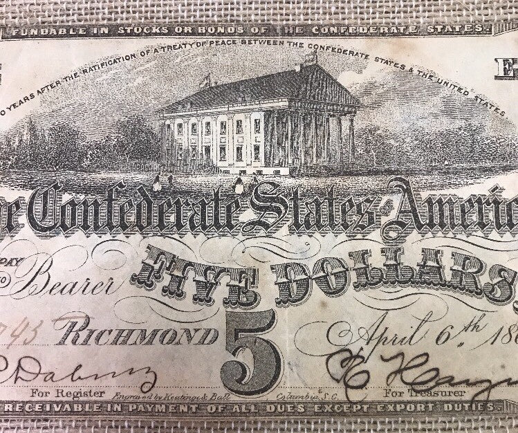 1863 $5 Confederate States of America April 6 Richmond Civil War Era Note T-60