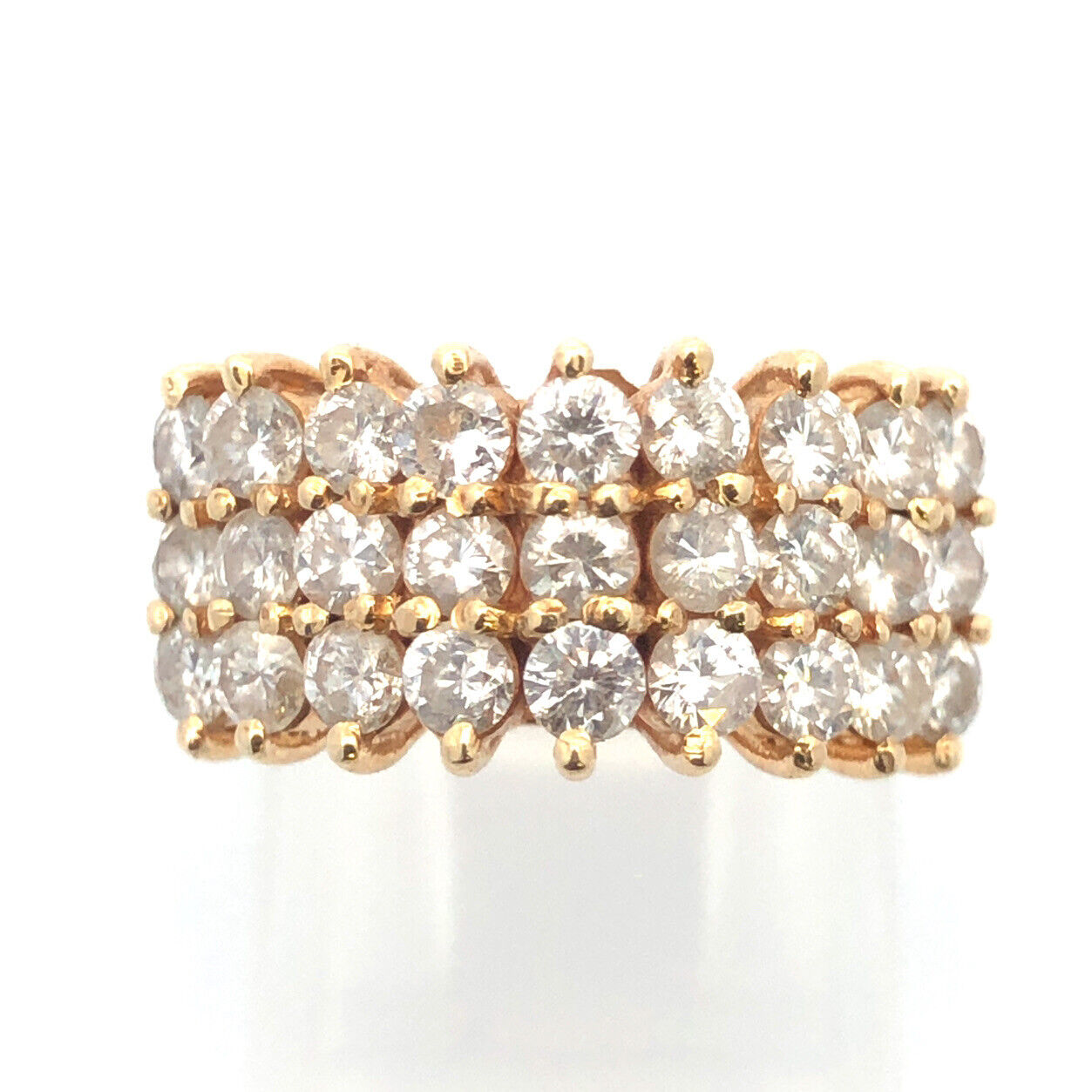 Unique 14K Yellow Gold Round Diamond 3 Rows Cluster Dome Statement Band Ring