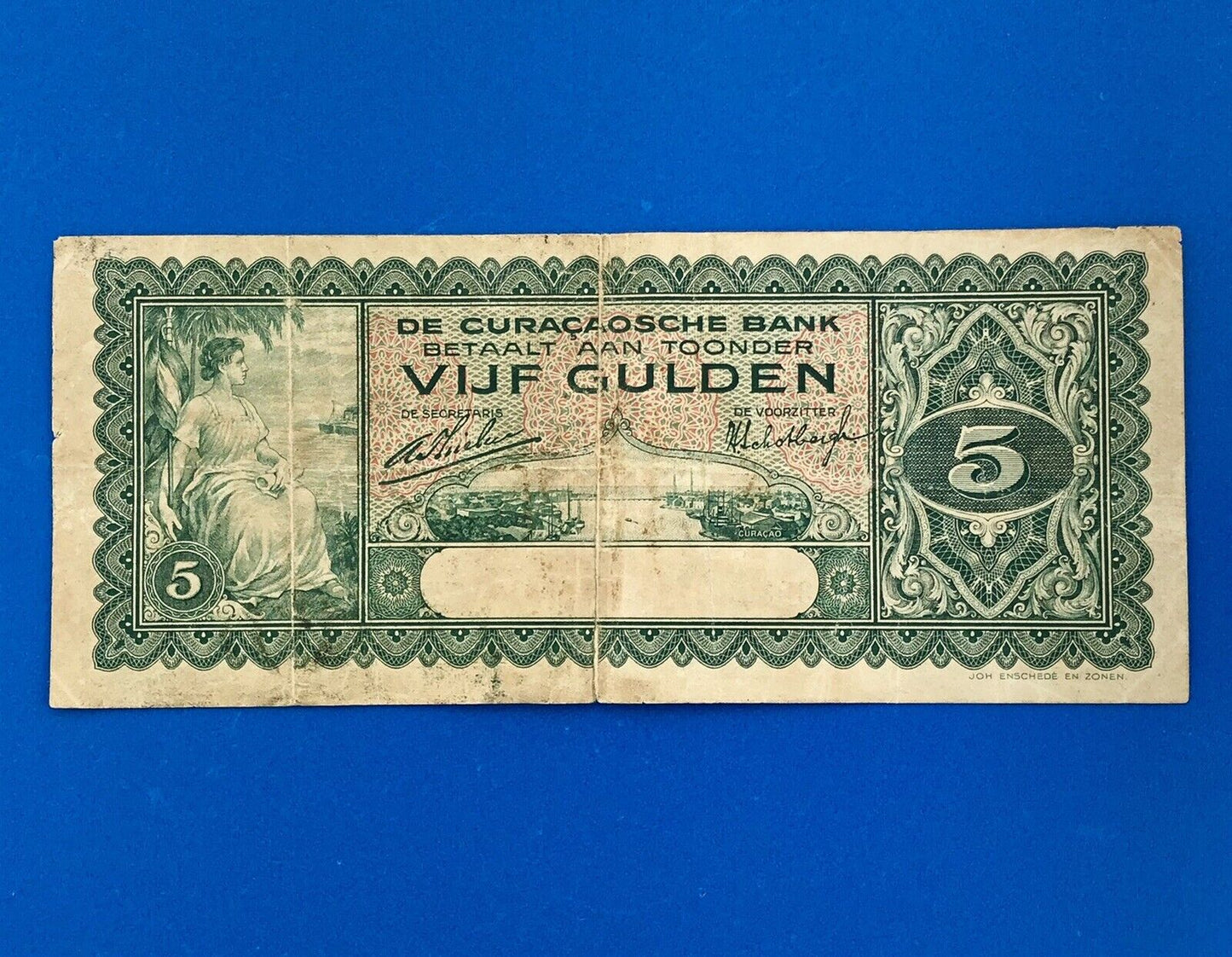 1930 Curacao 5 Gulden De Curacaoshe Bank Dutch Administration Rare Currency Note