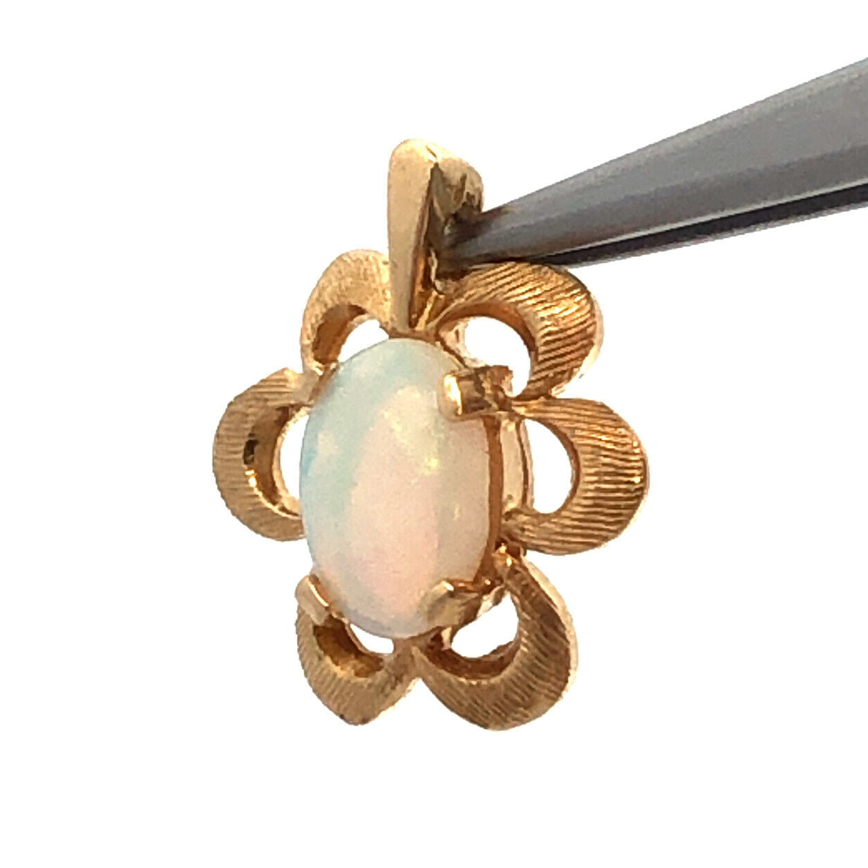 Modernist 14K Yellow Gold Oval Opal Textured Flower Shape Petite Pendant