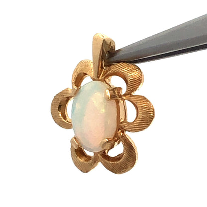 Modernist 14K Yellow Gold Oval Opal Textured Flower Shape Petite Pendant