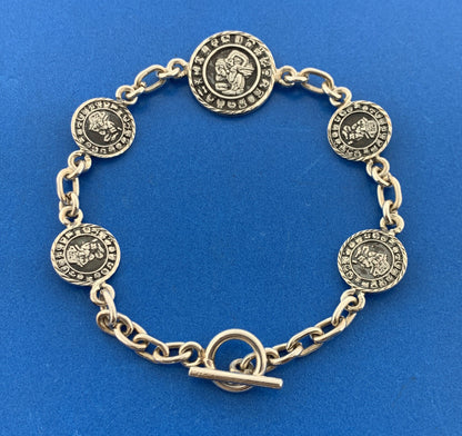 Vintage Taxco Mexico 925 Sterling Silver Aztec Design Medallion Toggle Bracelet